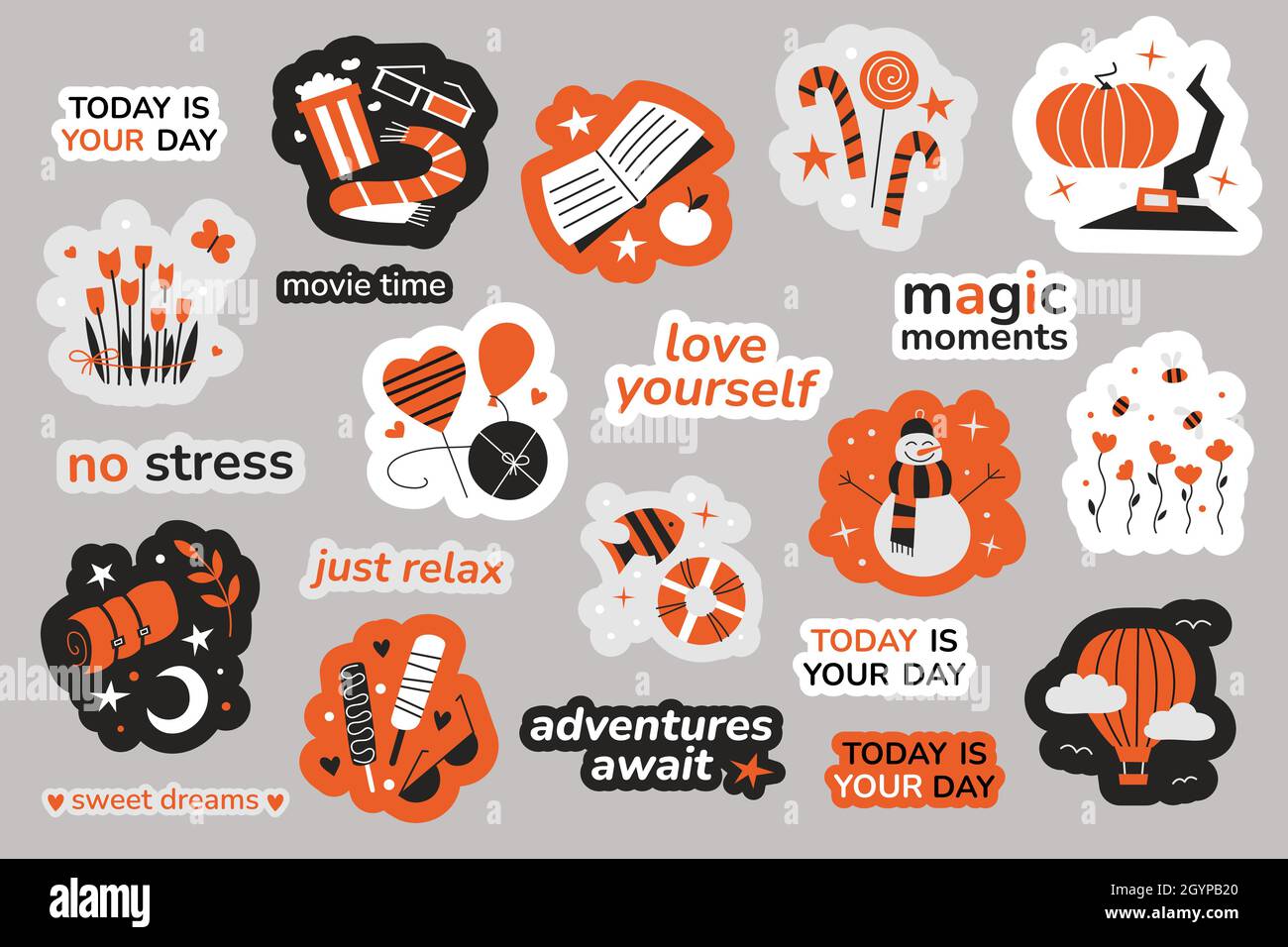 Ensemble d'autocollants.Illustrations vectorielles isolées.Autocollants de planning ou de journal.Bonhomme de neige coeur amour fleurs ballon glace camping voyage lecture film Illustration de Vecteur