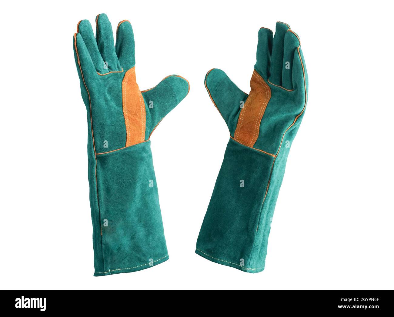 Gants de soudage verts résistants à la chaleur en cuir Banque D'Images