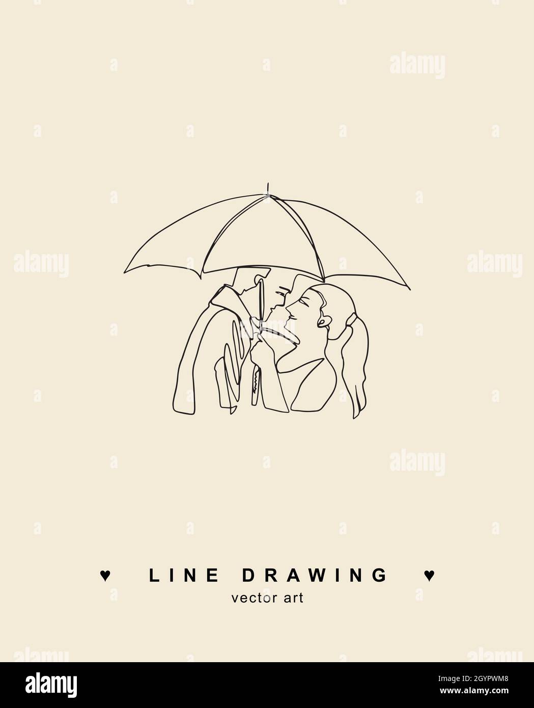 Couple embrassant sous la pluie.Amoureux sous un parapluie continu Vector ligne dessin. L'amour à première vue.Logo Vector avec femme et homme. Illustration de Vecteur