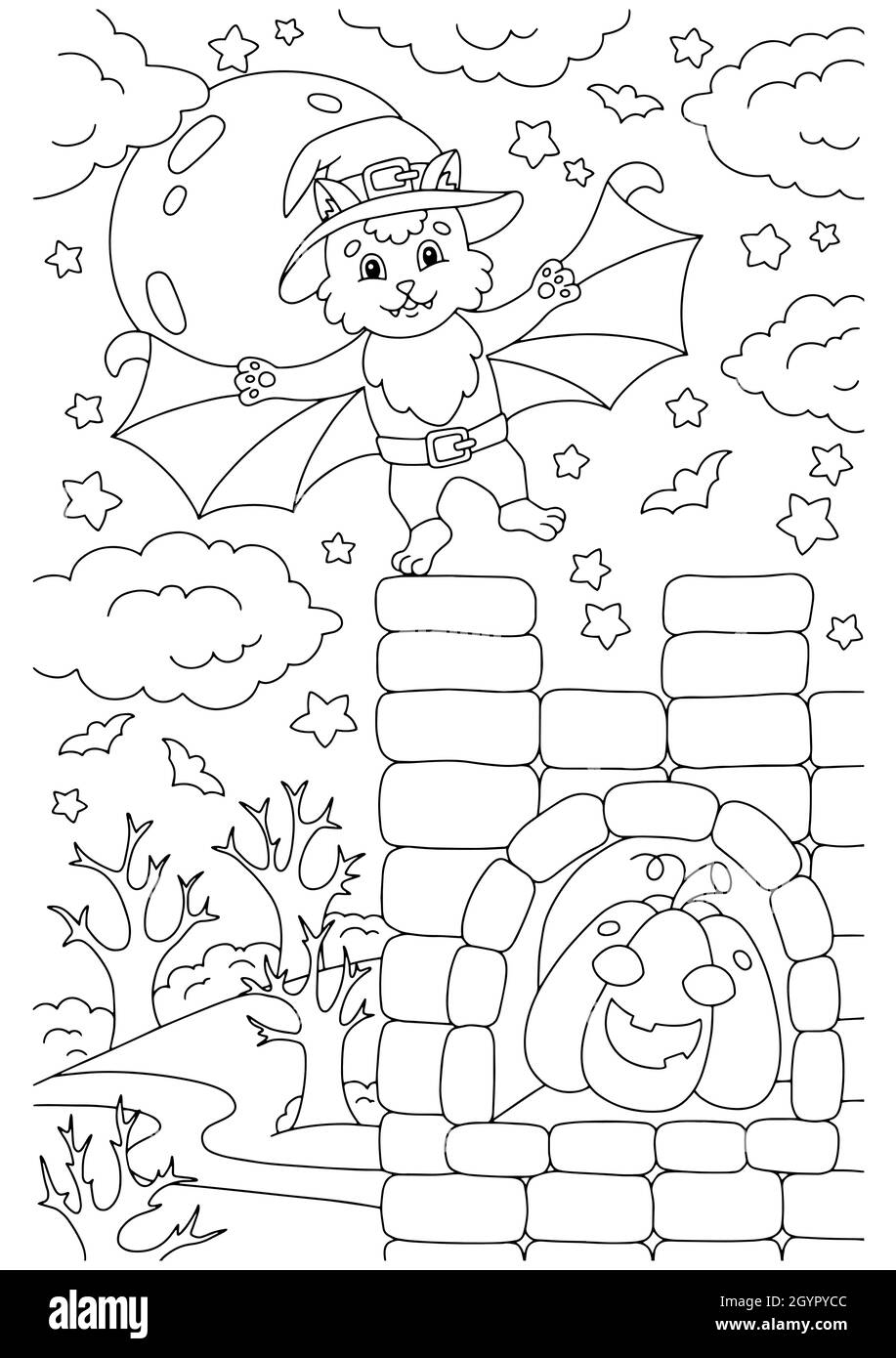 Une jolie chauve-souris s'est envolée dans le château.Page de livre de coloriage pour les enfants.Personnage de style dessin animé.Illustration vectorielle isolée sur fond blanc. Illustration de Vecteur