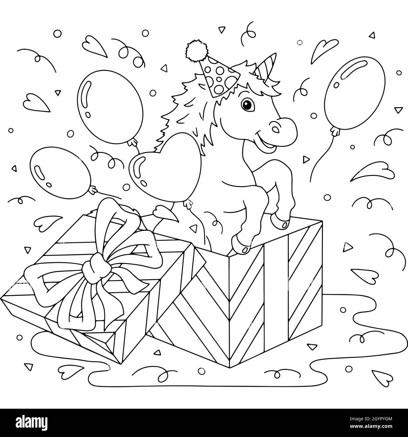 Une licorne amusante sort d'une boîte cadeau.Thème anniversaire.Mignon  cheval.Page de livre de coloriage pour les enfants.Style de dessin  animé.Illustration vectorielle isolée sur blanc Image Vectorielle Stock -  Alamy