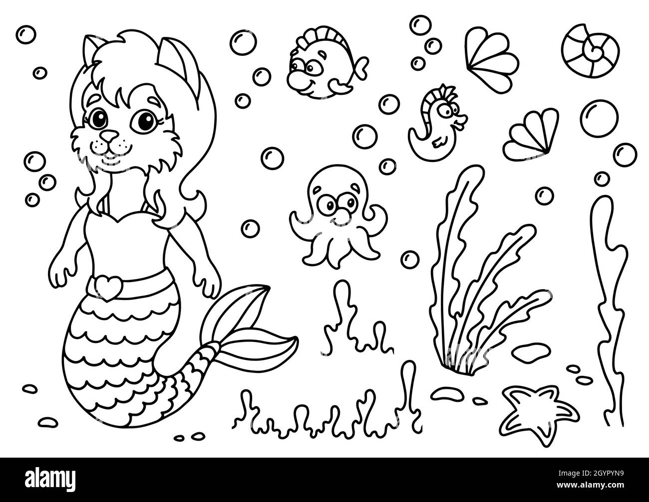 Joli chat de sirène dans le monde sous-marin.Page de livre de coloriage pour les enfants.Style de dessin animé.Illustration vectorielle isolée sur fond blanc. Illustration de Vecteur