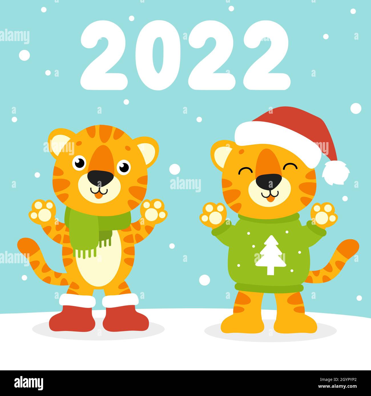 Carte de vœux couleur cadeau.Tiger Simbol dans un chapeau de père noël.Joli personnage de dessin animé.Bonne année et Joyeux Noël.Style plat.Illustration vectorielle. Illustration de Vecteur
