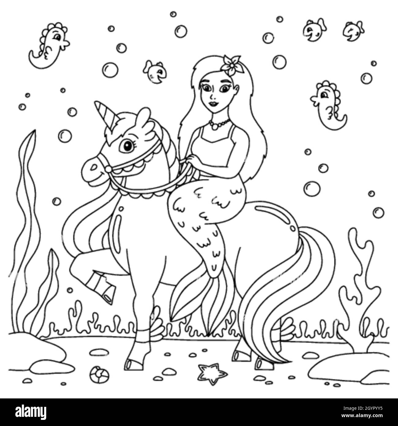 Une sirène fait le tour d'une licorne.Page de livre de coloriage pour les enfants.Personnage de style dessin animé.Illustration vectorielle isolée sur fond blanc. Illustration de Vecteur