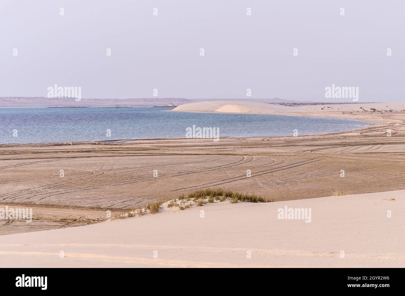 Dunes de sable descendant dans la crique des phoques avec des collines calcaires en arrière-plan à Al Adaid, Qatar Banque D'Images