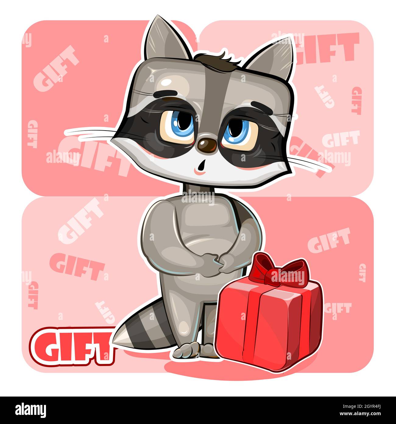 Bébé Raccoon a reçu un cadeau.Boîte rouge avec ruban et noeud.Il est embarrassé de prendre.Illustration pour enfants.Animal mignon.Style de dessin animé.Isoler Illustration de Vecteur