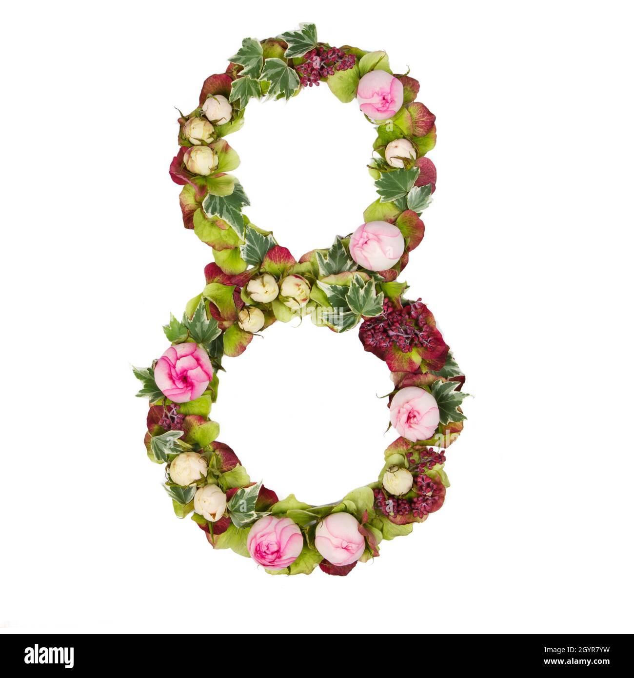 Le numéro huit partie d'un ensemble de lettres, de chiffres et de symboles de l'Alphabet fait avec des fleurs, des branches et des feuilles sur fond blanc Banque D'Images