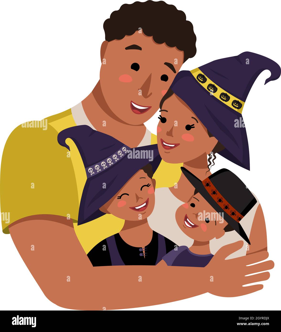 Bonne famille afro-américaine en costumes d'Halloween.Papa, maman, fille et fils en chapeaux de sorcière avec crânes, citrouilles et araignées pour le carnaval d'automne Illustration de Vecteur