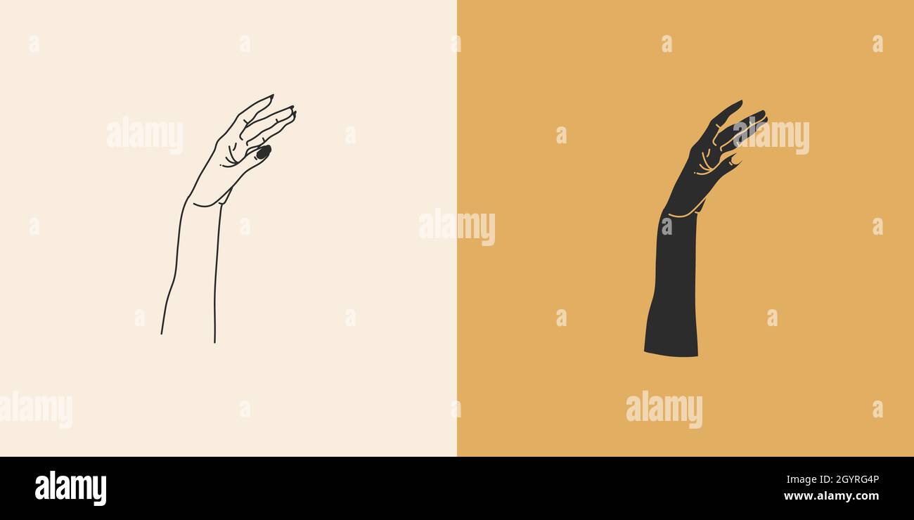 Dessin vectoriel à la main résumé stock plat graphique illustration avec minimum de collection d'éléments de logo, occulte mystère sorcière mains toucher ligne dessin et Illustration de Vecteur