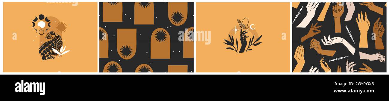 Dessin à la main vecteur résumé plat graphique illustration collection de motifs sans couture ensemble avec astrologie magique Astro phases de lune d'or céleste, soleil et Illustration de Vecteur