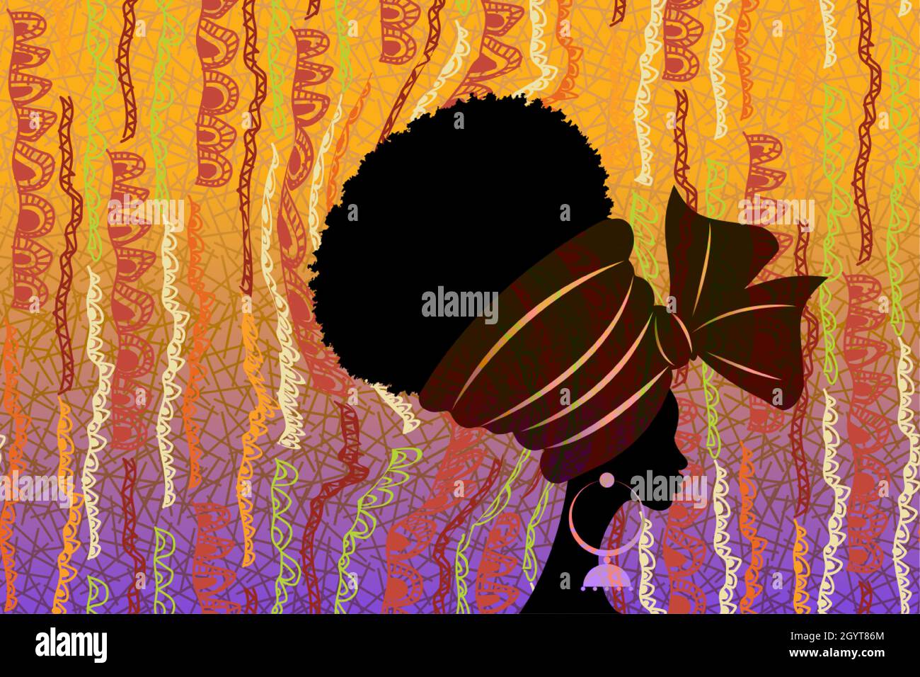 Bannière portrait beauté africaine femme dans le turban traditionnel de conception tribale fait main mariage textile, Kente Head Wrap africaines noir femmes afro cheveux bouclés Illustration de Vecteur