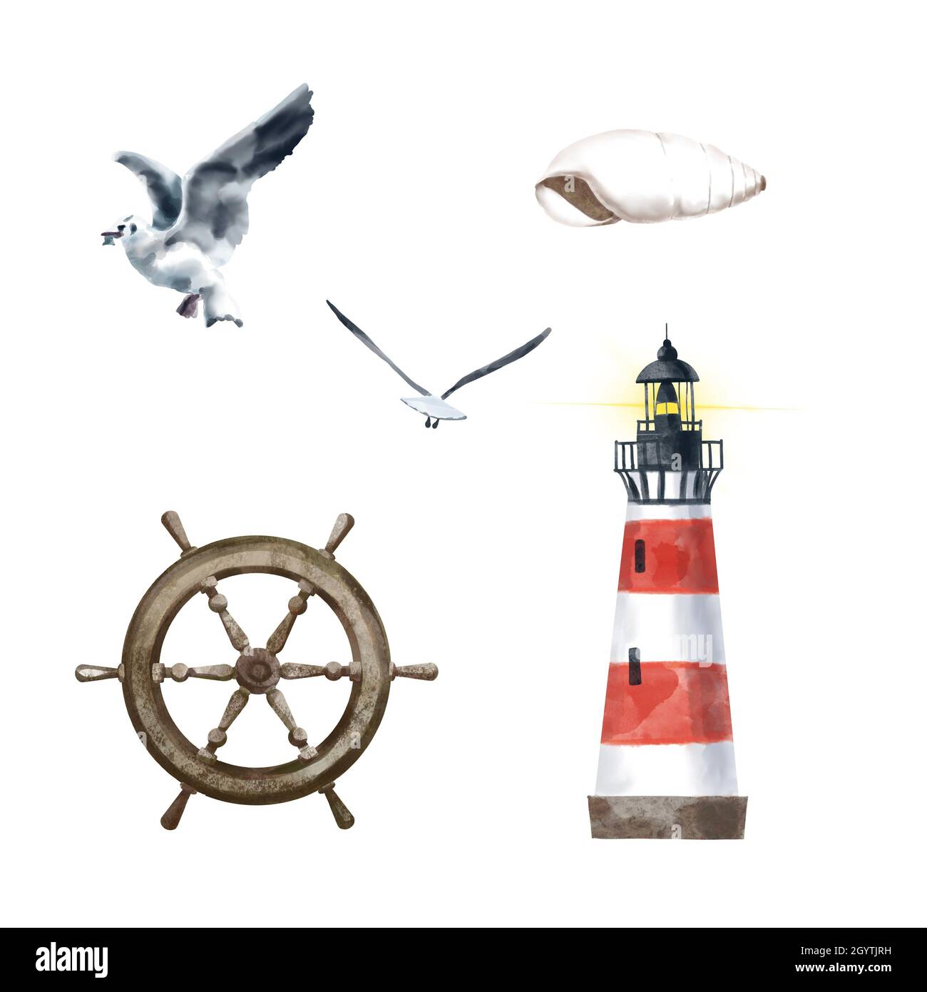 Set de mer: Mouettes, coquillages, phare et volant.Illustration isolée sur fond blanc Banque D'Images