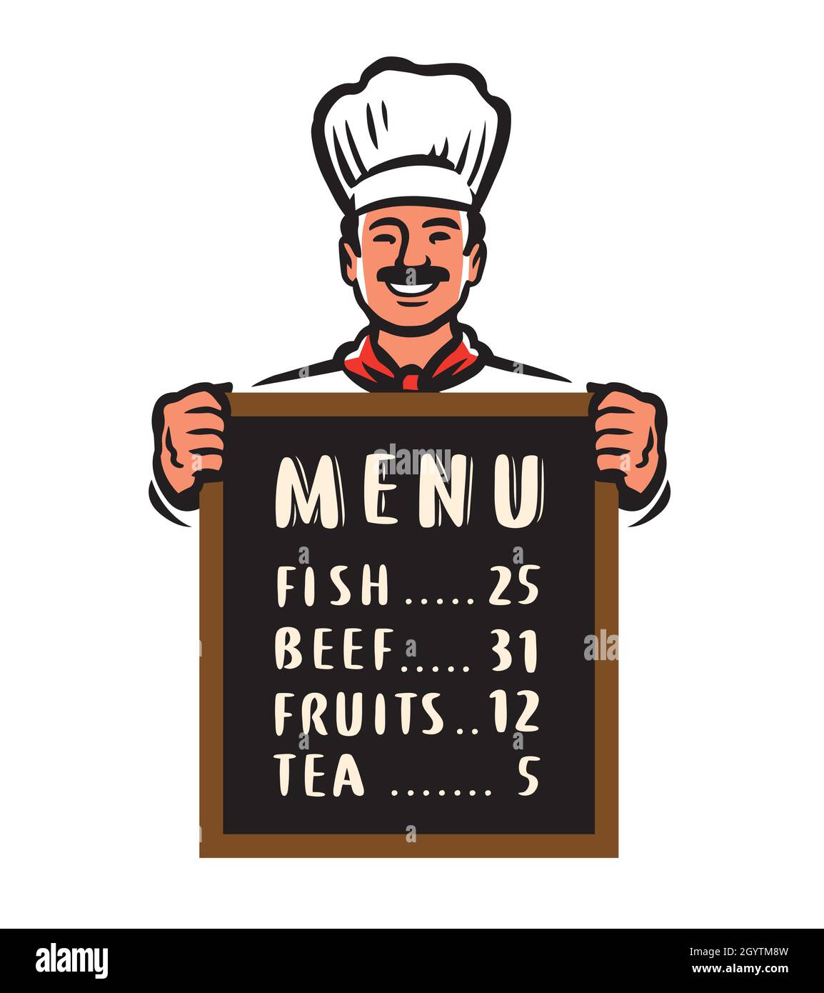 Chef de dessin animé présentant le menu du restaurant à bord.Illustration du vecteur de concept alimentaire Illustration de Vecteur