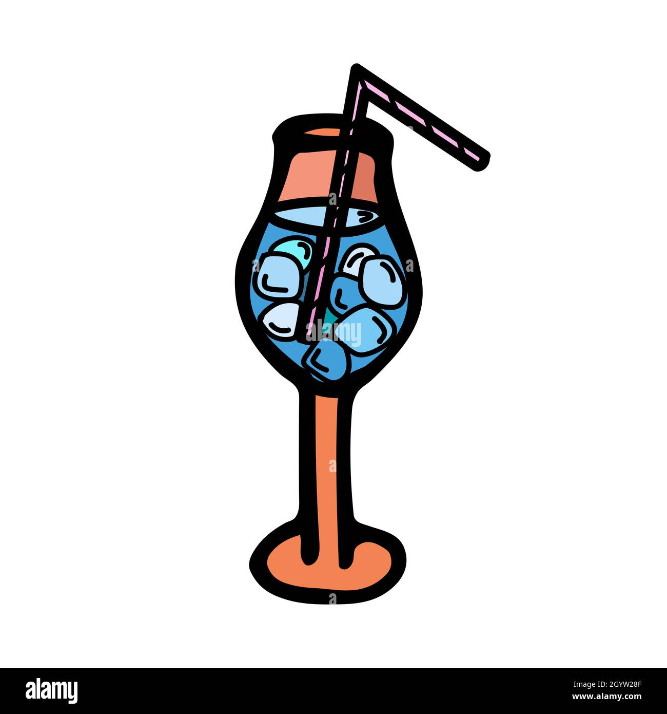 Illustration vectorielle de couleur d'un verre orange avec un cocktail bleu, avec de la glace et une paille à l'intérieur. Illustration de Vecteur