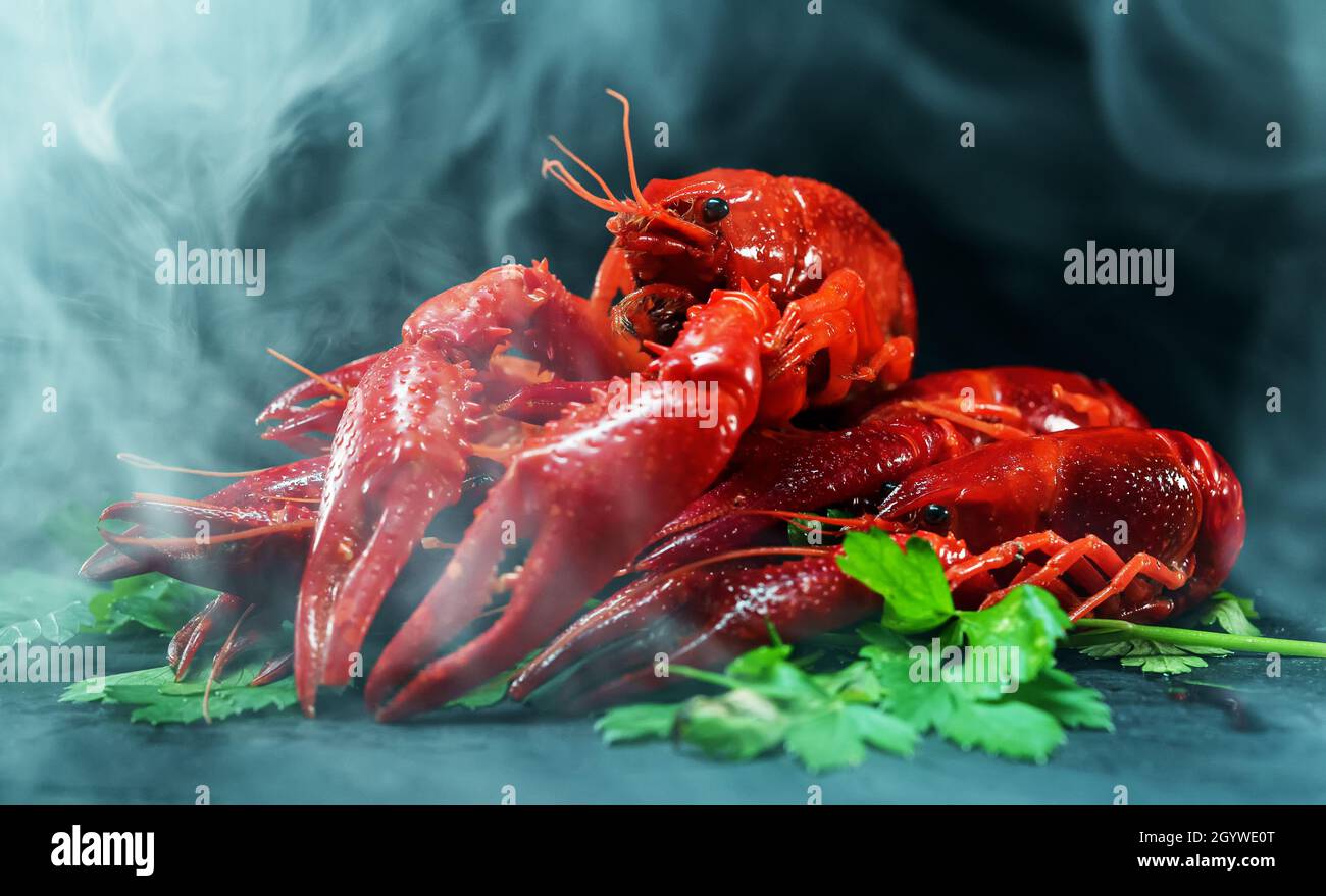 Langouste bouillie cuite rouge sur table. Banque D'Images