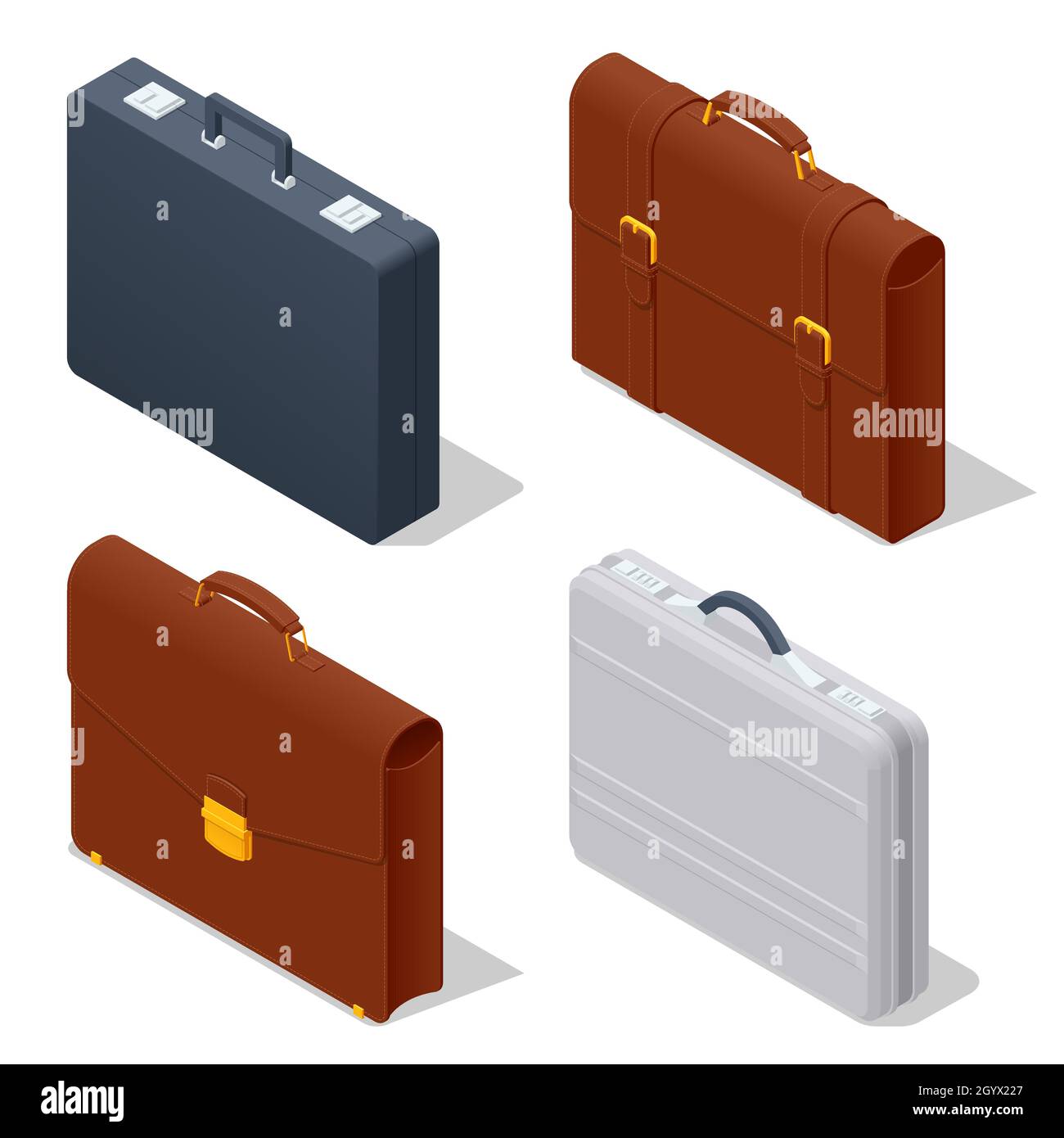 Icônes de porte-documents isométriques définies sur fond blanc.Diplomate, pour bureau, pour ordinateur portable. Illustration de Vecteur