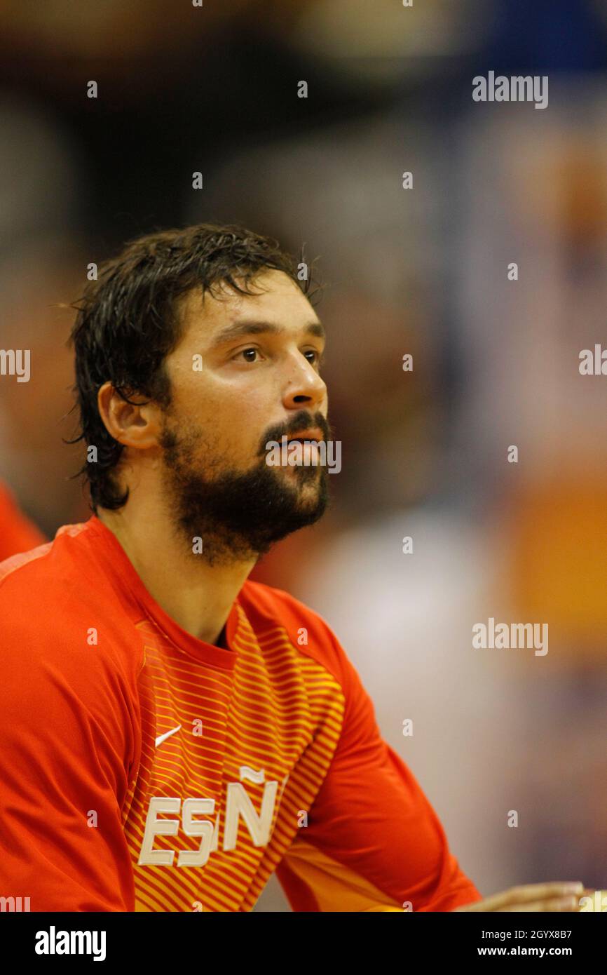 A Coruna, Espagne.Sergio Llull tire pour le panier lors du match de basket-ball amical entre l'Espagne et le Canada dans Une Coruna le 6 août 2014 Banque D'Images