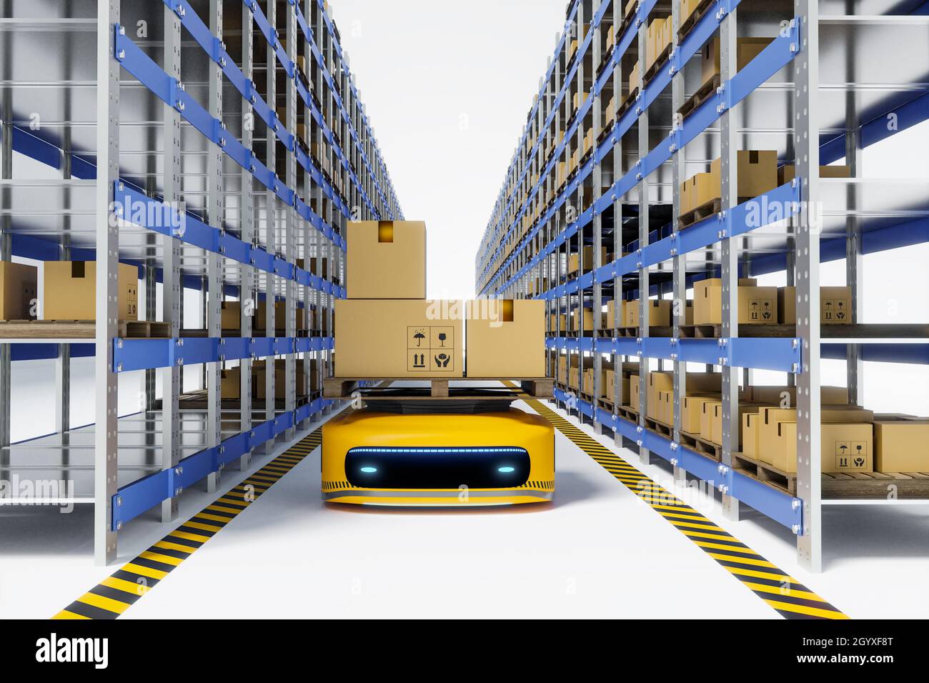 Robot AGV travaillant en entrepôt, rendu d'illustrations 3D Banque D'Images