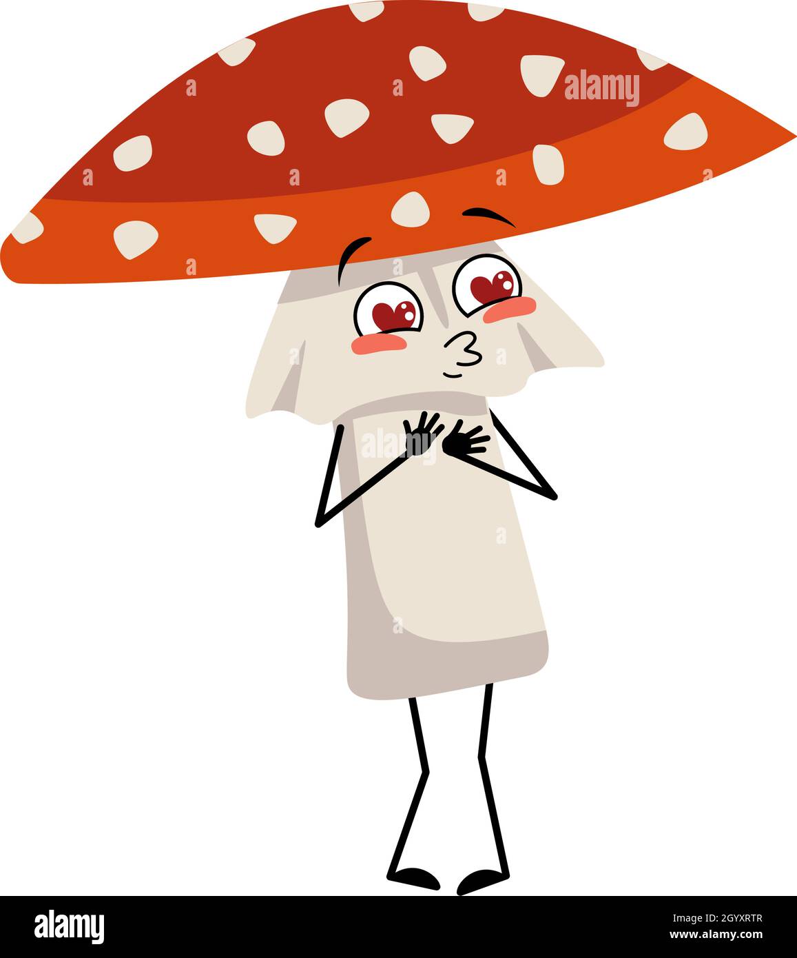 Le joli personnage d'amanita tombe amoureux des yeux, du cœur, du visage de baiser, des bras et des jambes.Mouche agarique Mushroom de la forêt avec l'expression aimable Illustration de Vecteur