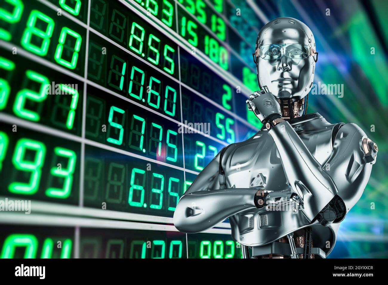 Technologie concept financier avec rendu 3D robot analyser stock market Banque D'Images