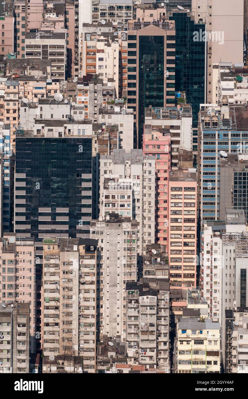 Le développement urbain à haute densité de la Jordanie (Yau Ma Tei) vu du niveau 106 de la CPI à West Kowloon, Hong Kong, en août 2009 Banque D'Images