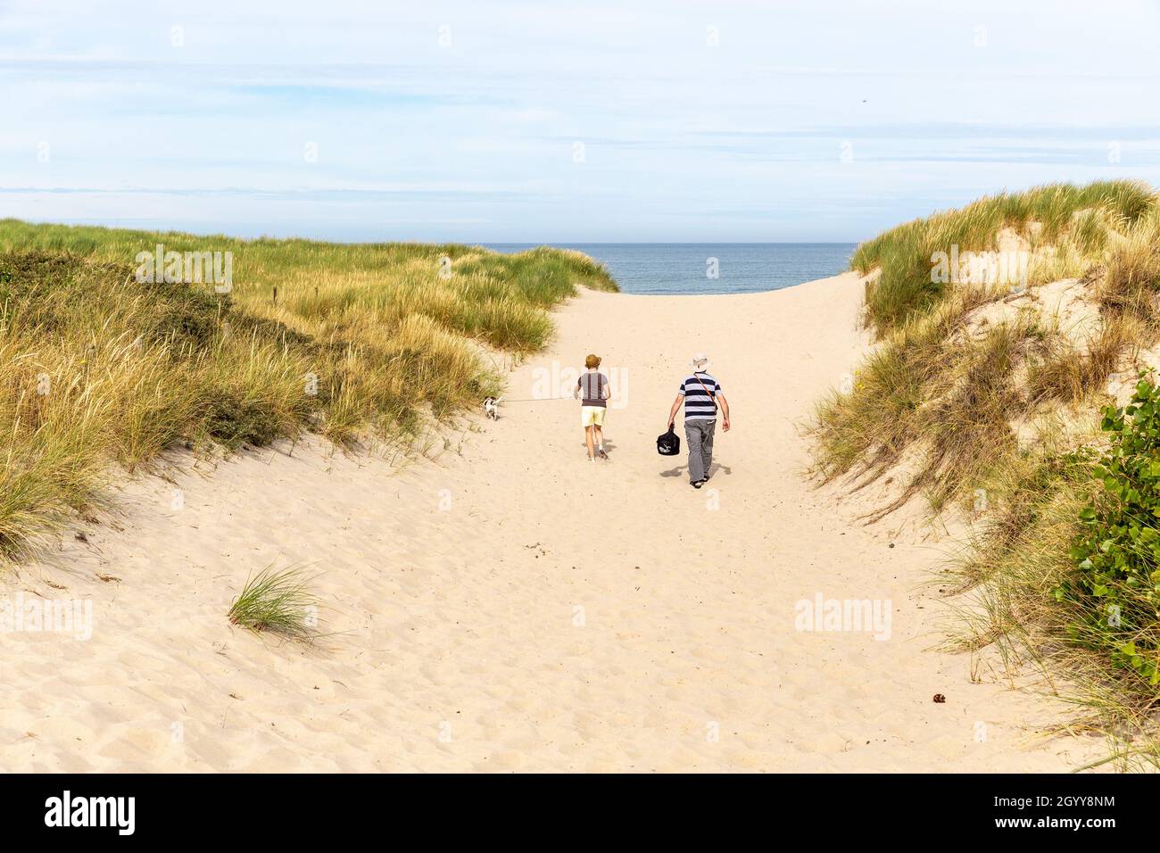 Couple traversant le cordon de dunes pour accéder à la plage Banque D'Images