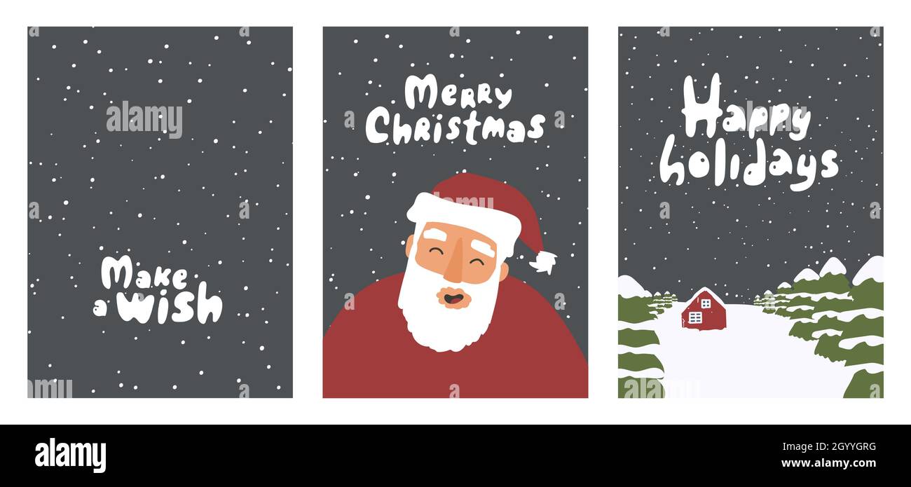 Collection de cartes de Noël vectorielles avec le Père Noël, maison en bois dans la forêt du soir et le ciel avec flocons de neige et lettrage.Joyeux Noël, Mak Illustration de Vecteur