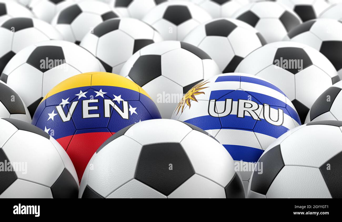 Uruguay contre Venezuela match de football - balles de cuir en Uruguay et Venezuela couleurs nationales.Rendu 3D Banque D'Images