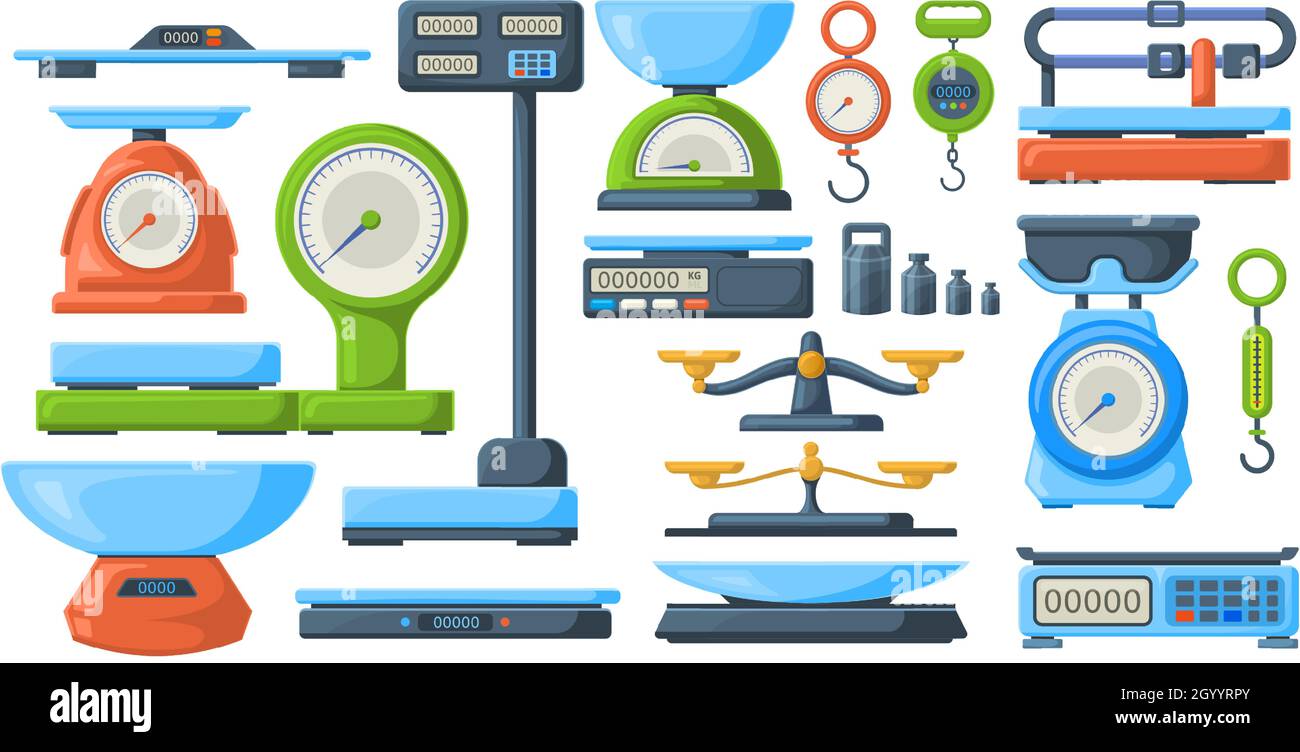 Stockez les balances électroniques et mécaniques pour mesurer le poids.Jeu d'illustrations vectorielles pour instruments de mesure balance pour le marché ou la cuisine.Balances de pesage Illustration de Vecteur