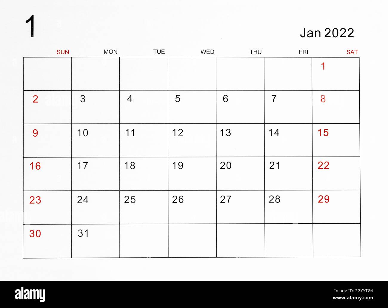 Modèle de calendrier de janvier 2022. Banque D'Images