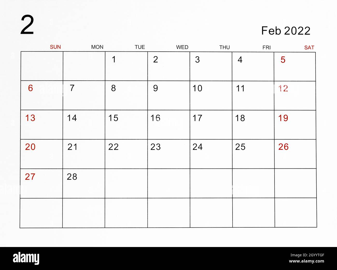 Modele De Calendrier De Fevrier 22 Photo Stock Alamy