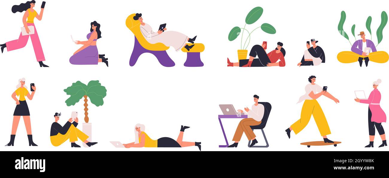 Personnages utilisant Internet avec des gadgets mobiles, smartphone, tablette, ordinateur portable.Jeu d'illustrations vectorielles de jeux, de discussions, de lecture de livres électroniques Illustration de Vecteur