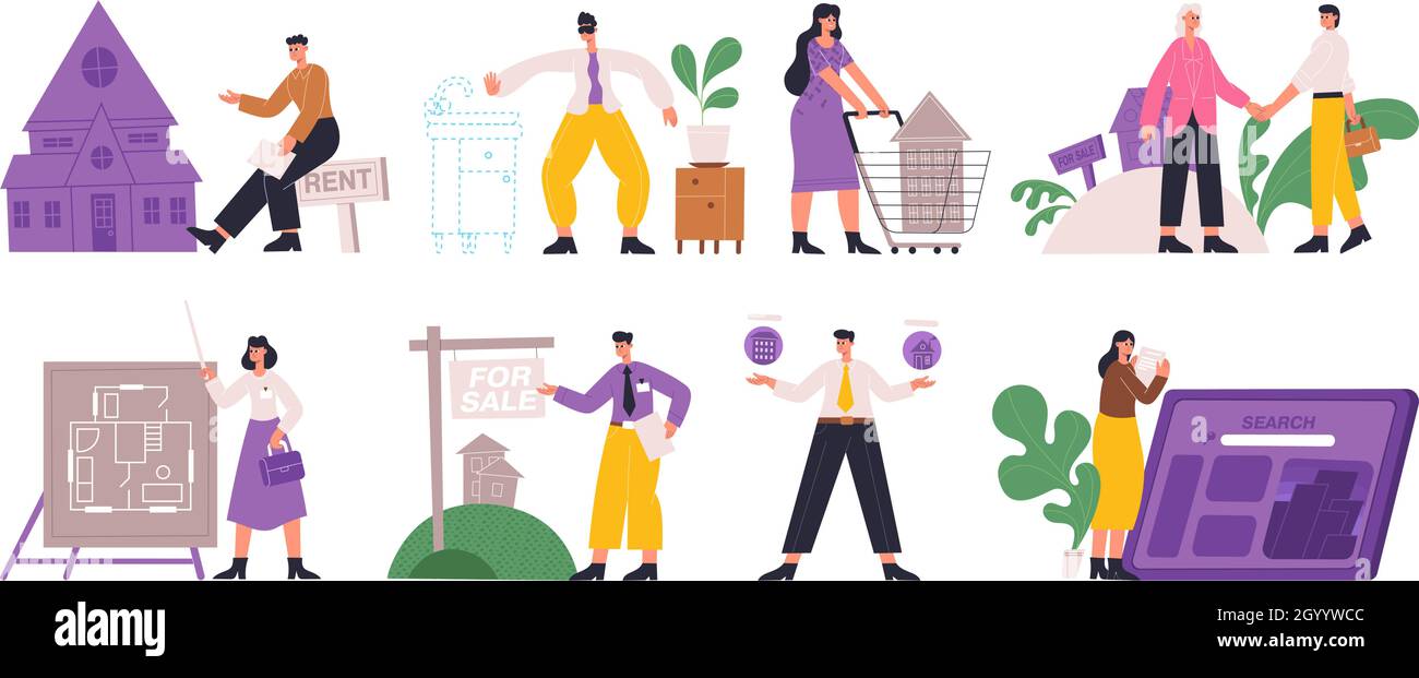 Services immobiliers, recherche, vente, location, hypothèque.Marché résidentiel, les gens recherchent, vendent et achètent maison vecteur Illustration Set.Réel Illustration de Vecteur