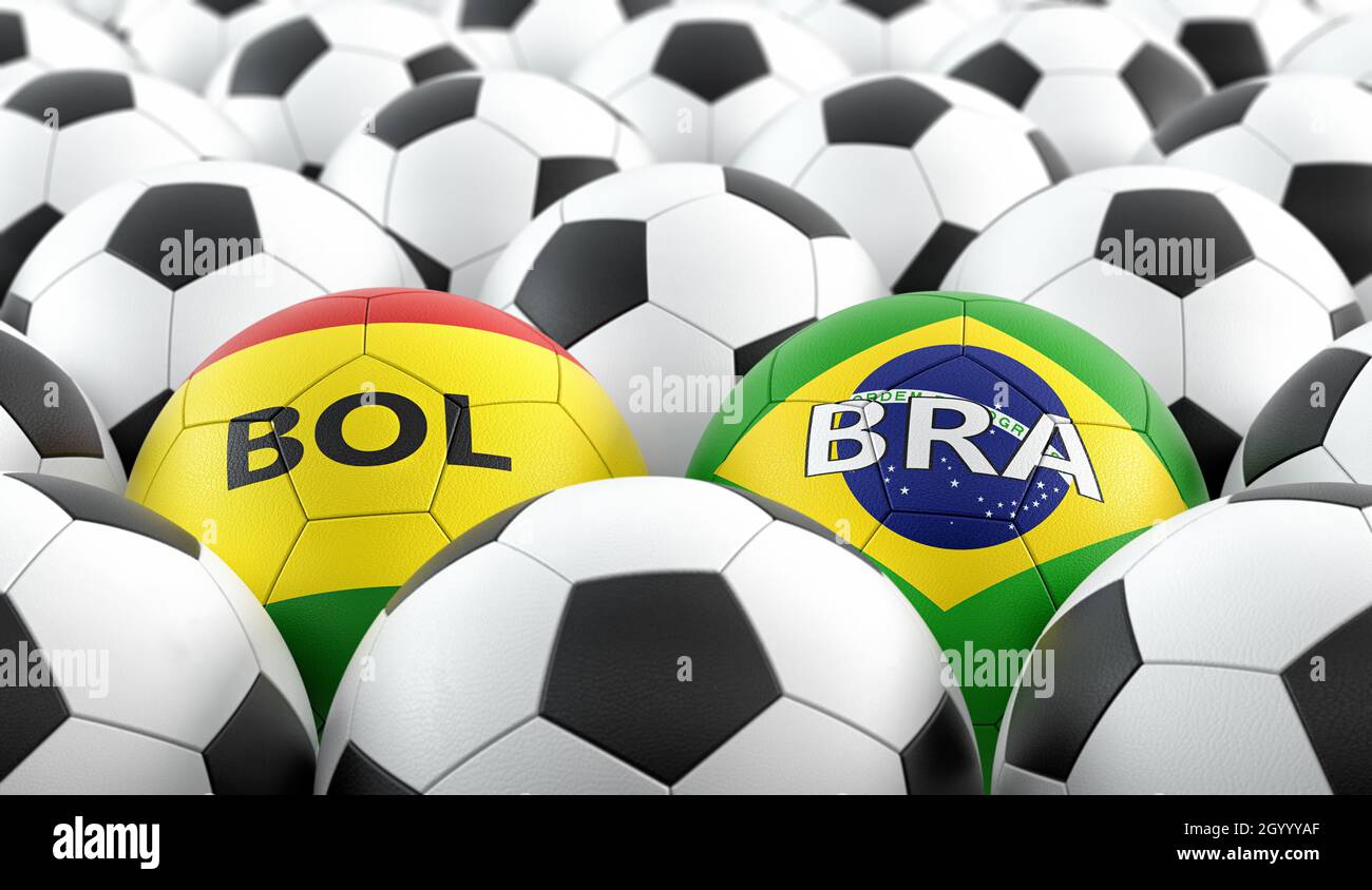 Brésil vs. Bolivie Soccer Match - balles en cuir au Brésil et en Bolivie couleurs nationales.Rendu 3D Banque D'Images