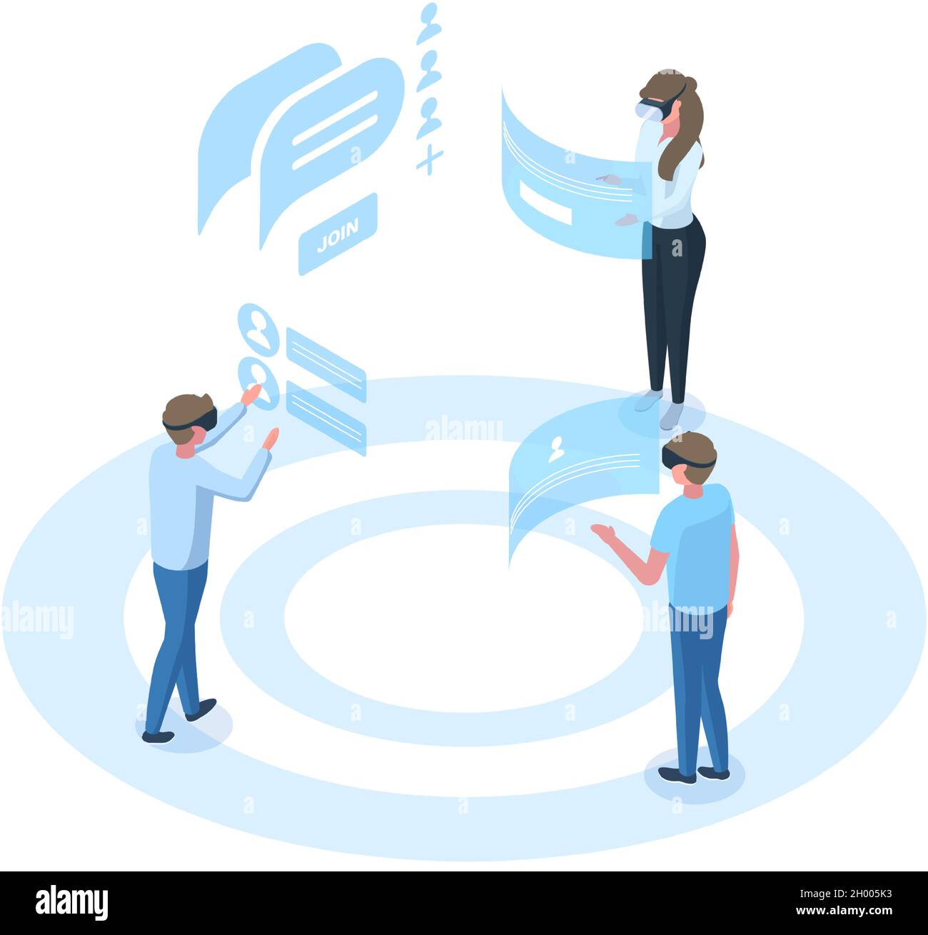 Technologie de simulation de communication de réalité virtuelle de personnes isométriques.Les personnages qui portent des micro-casques/oreillettes discutent utilisent une illustration vectorielle de réalité virtuelle Illustration de Vecteur