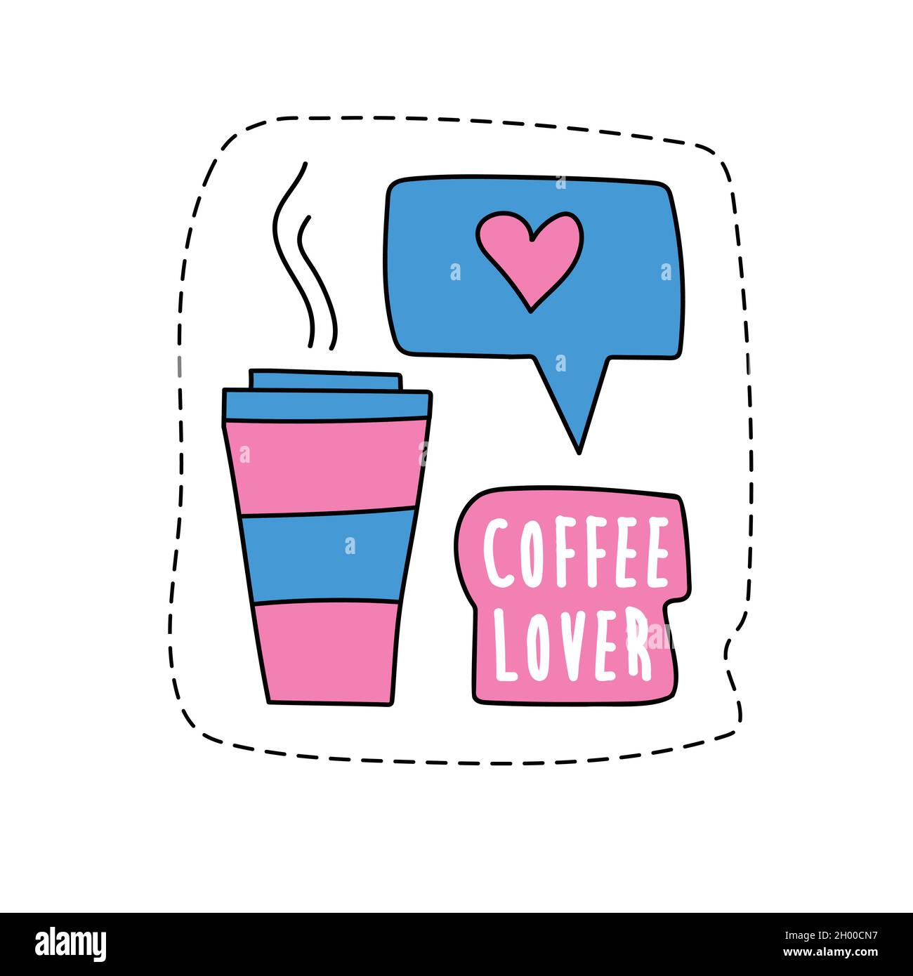 Un sticker moderne - café à emporter.Tasse de café et signe similaire.Autocollant « Coffee lover » pour un motif rose et bleu Illustration de Vecteur