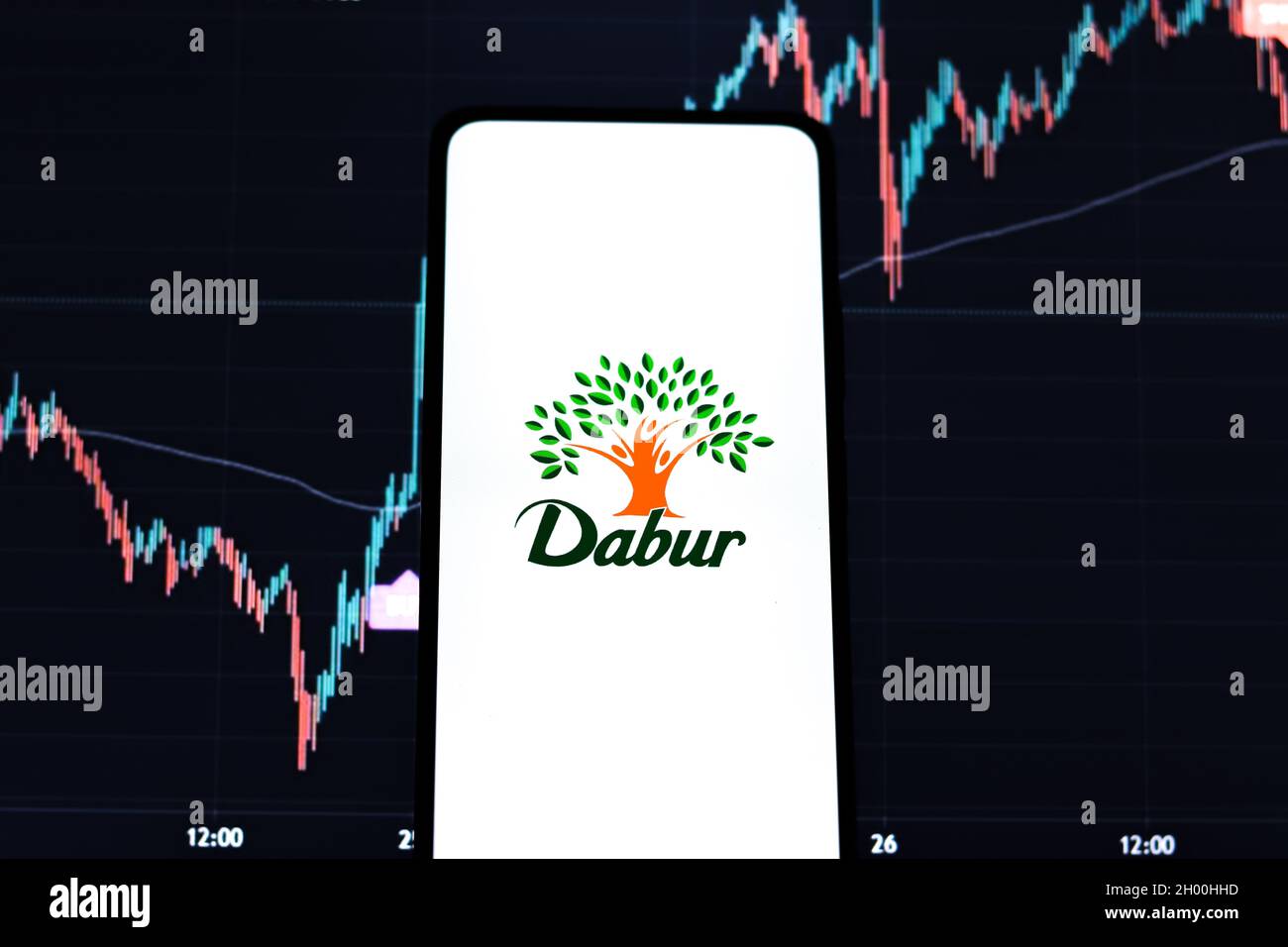 West Bangal, Inde - 09 octobre 2021 : logo Dabur sur image de stock d'écran de téléphone. Banque D'Images West Bangal, Inde - 09 octobre 2021 : logo Dabur sur image de stock d'écran de téléphone. Banque D'Images