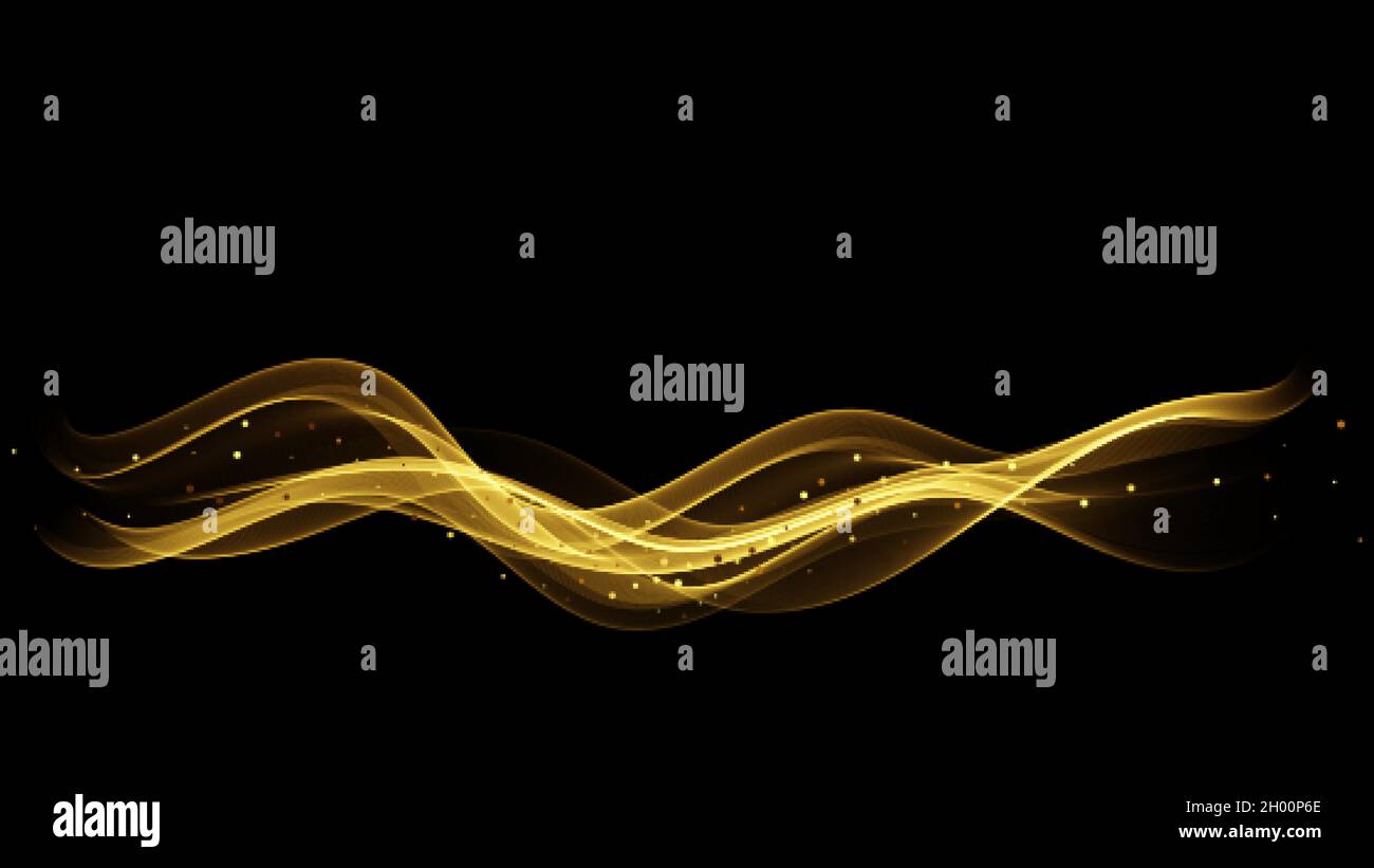 Élément d'onde brillant doré sur fond noir. Flux abstrait de lignes dorées avec paillettes. Illustration de Vecteur