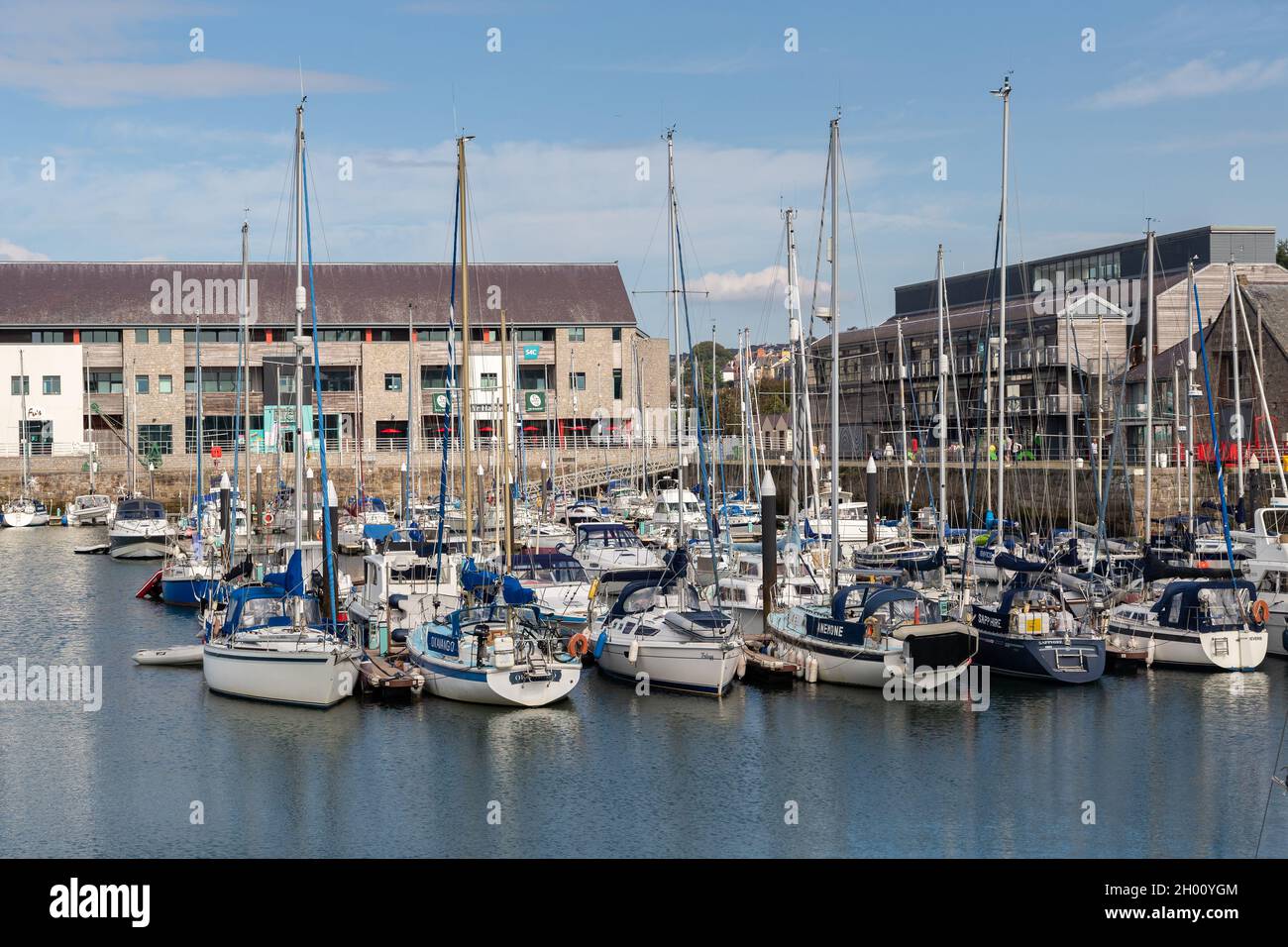 Caernarfon, pays de Galles, Royaume-Uni : port de plaisance de Victoria avec bateaux à voile amarrés et yachts, à côté du détroit de Menai. Banque D'Images