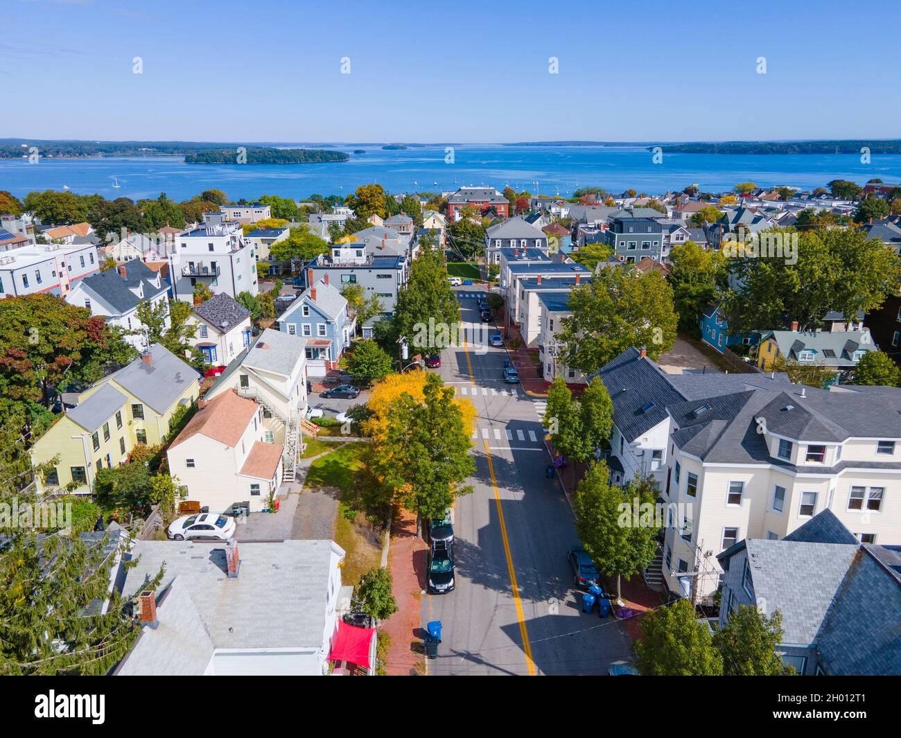 Munjoy Hill historique résidence communauté vue rapprochée aérienne à Portland, Maine ME, États-Unis. Banque D'Images