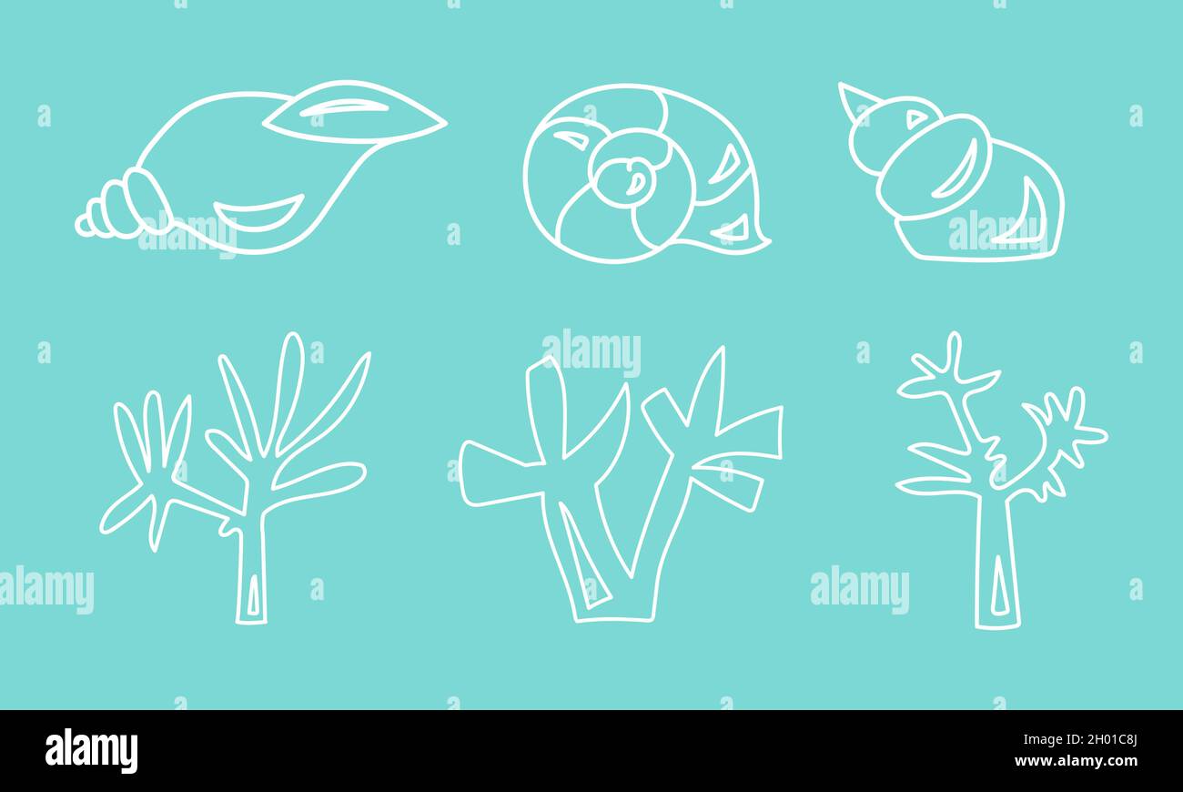 Illustration vectorielle des coquillages et des algues sur fond bleu.Icônes définies. Illustration de Vecteur