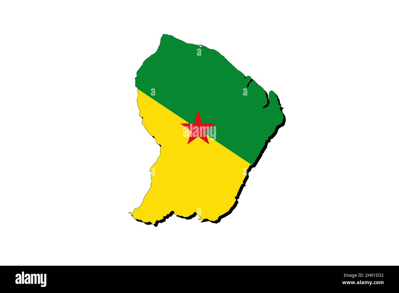 Carte de la Guyane française avec le drapeau national superposé sur le pays.Graphiques 3D projetant une ombre sur l'arrière-plan blanc Banque D'Images