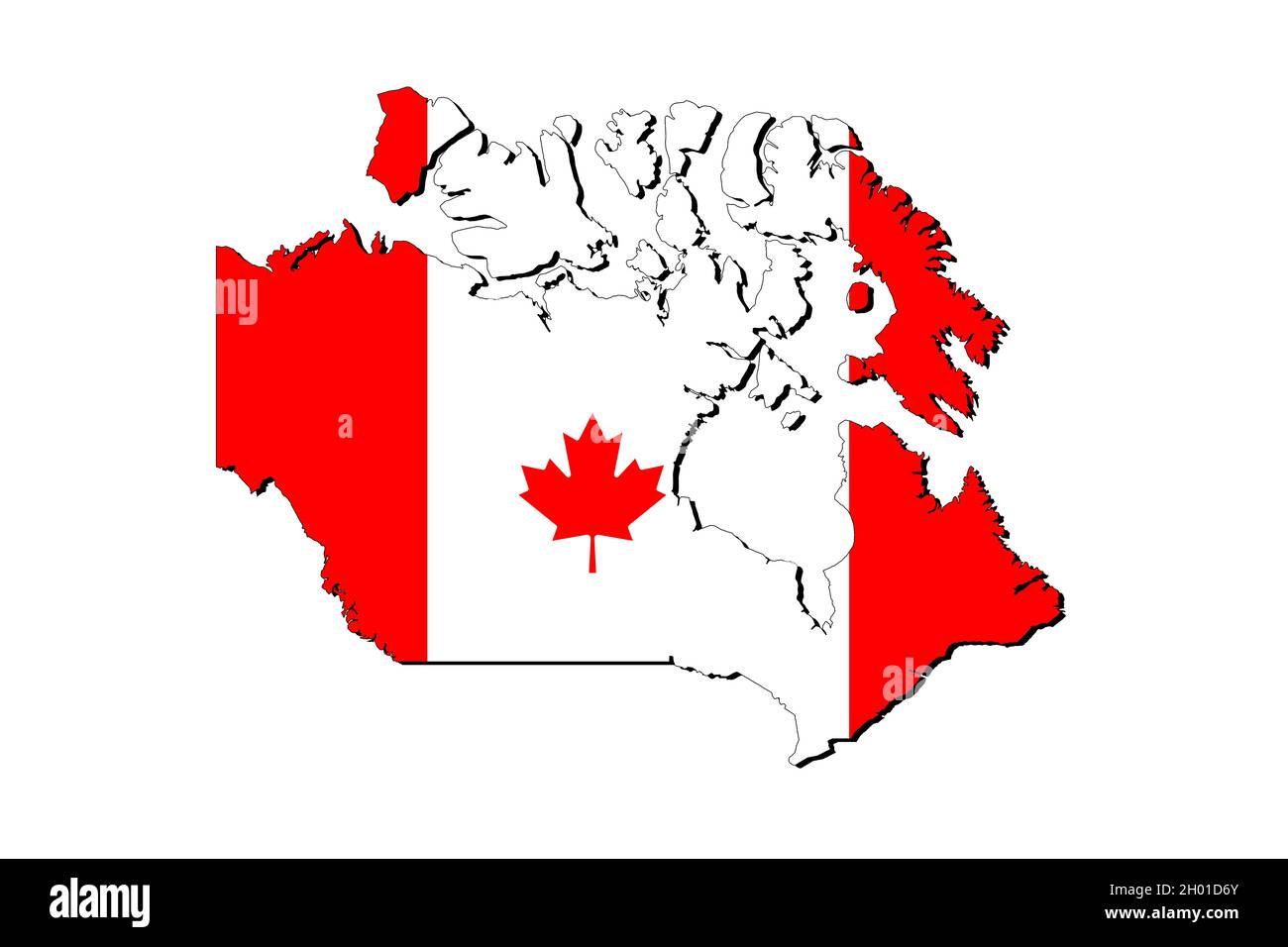 Carte du Canada avec le drapeau national superposé sur le pays.Graphiques 3D projetant une ombre sur l'arrière-plan blanc Banque D'Images