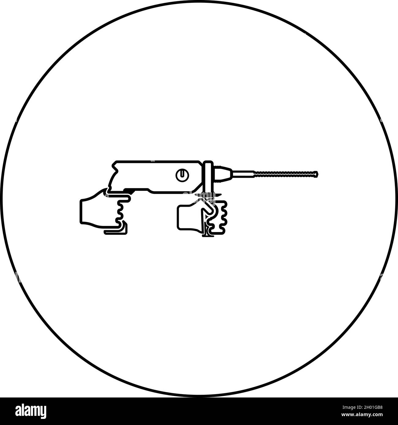 Perceuse à percussion rotative électrique dans l'outil de maintien manuel utilisez le bras avec l'icône de l'outil électrique dans le cercle rond de couleur noire illustration vectorielle style de contour plein Illustration de Vecteur