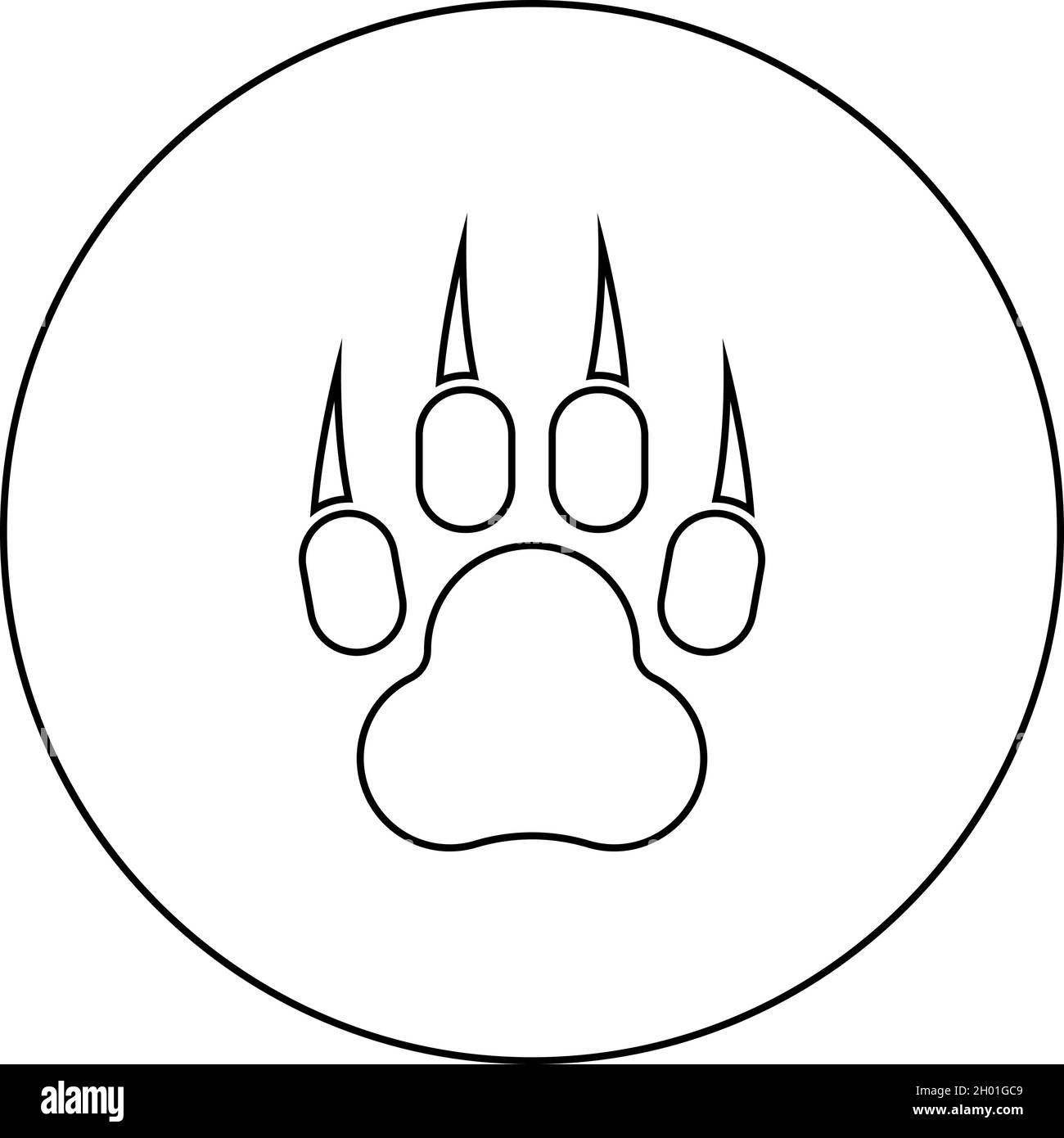 Imprimer le paw animal sauvage avec empreinte de piste de griffe prédatrice pawprint icône en cercle rond noir couleur vecteur illustration style Uni contour simple Illustration de Vecteur