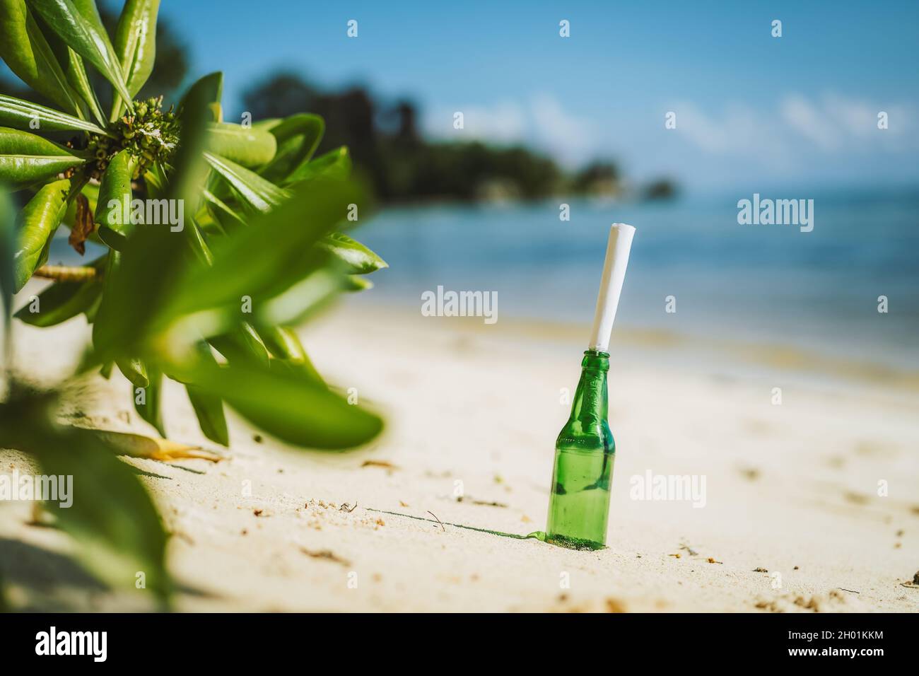 Bouteille avec message sur la plage de sable de paradis blanc avec jungle floue en arrière-plan conceptuel Banque D'Images