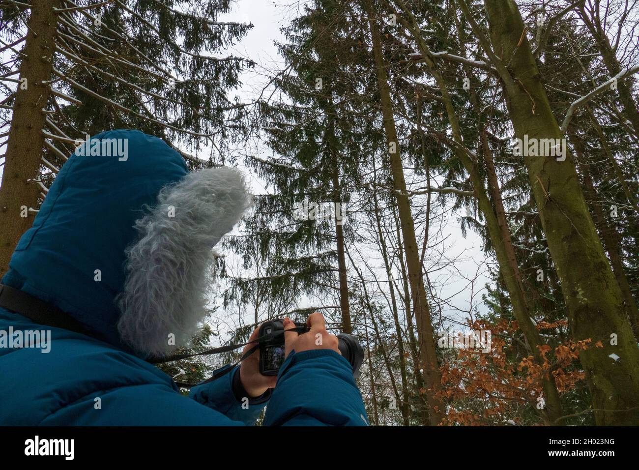 Mann im Winter, hält eine Kamera in der hand und fotografiert Banque D'Images
