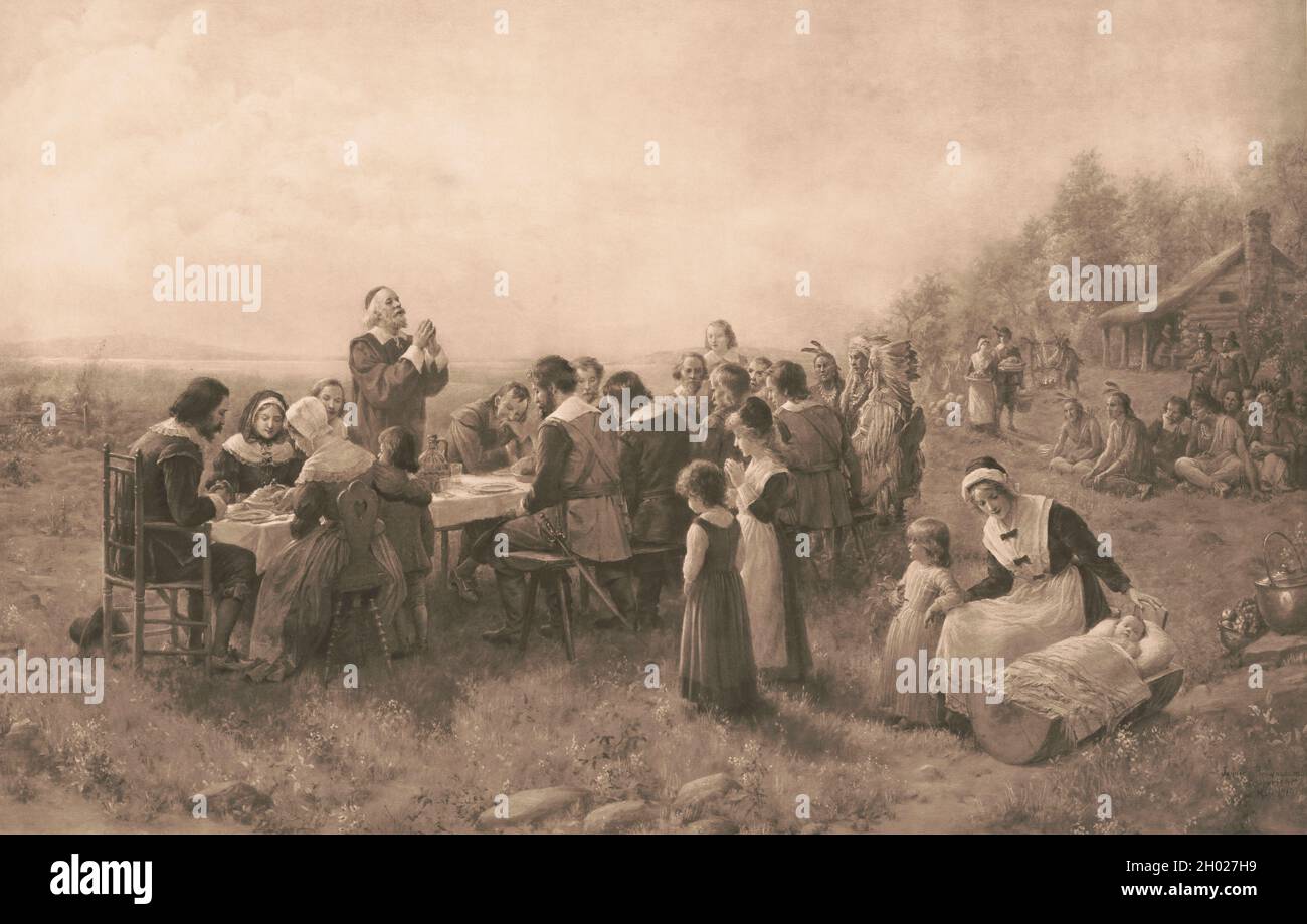 Gravure de 'The First American Thanksgiving' par Jennie Brownscomb, 1914.La gravure montre des représentations fictives de Gov.Thomas Bradford s'est assis à la tête de la table avec l'ancien Brewster debout donnant Merci.Massasoit et plusieurs Indiens non identifiés sont assis à l'extrémité opposée de la table, LOC Banque D'Images