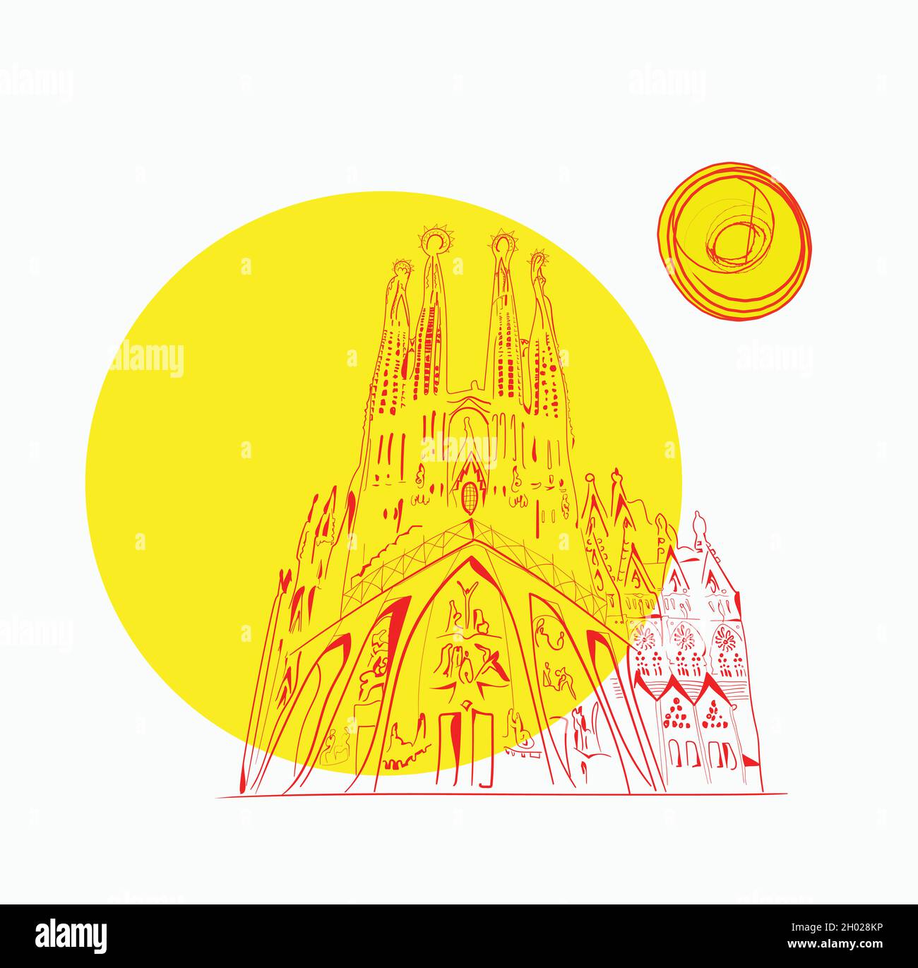 Sagrada Familia célèbre cathédrale de Barcelone dans un style linéaire avec un grand soleil jaune.Vecteur 10 eps Illustration de Vecteur