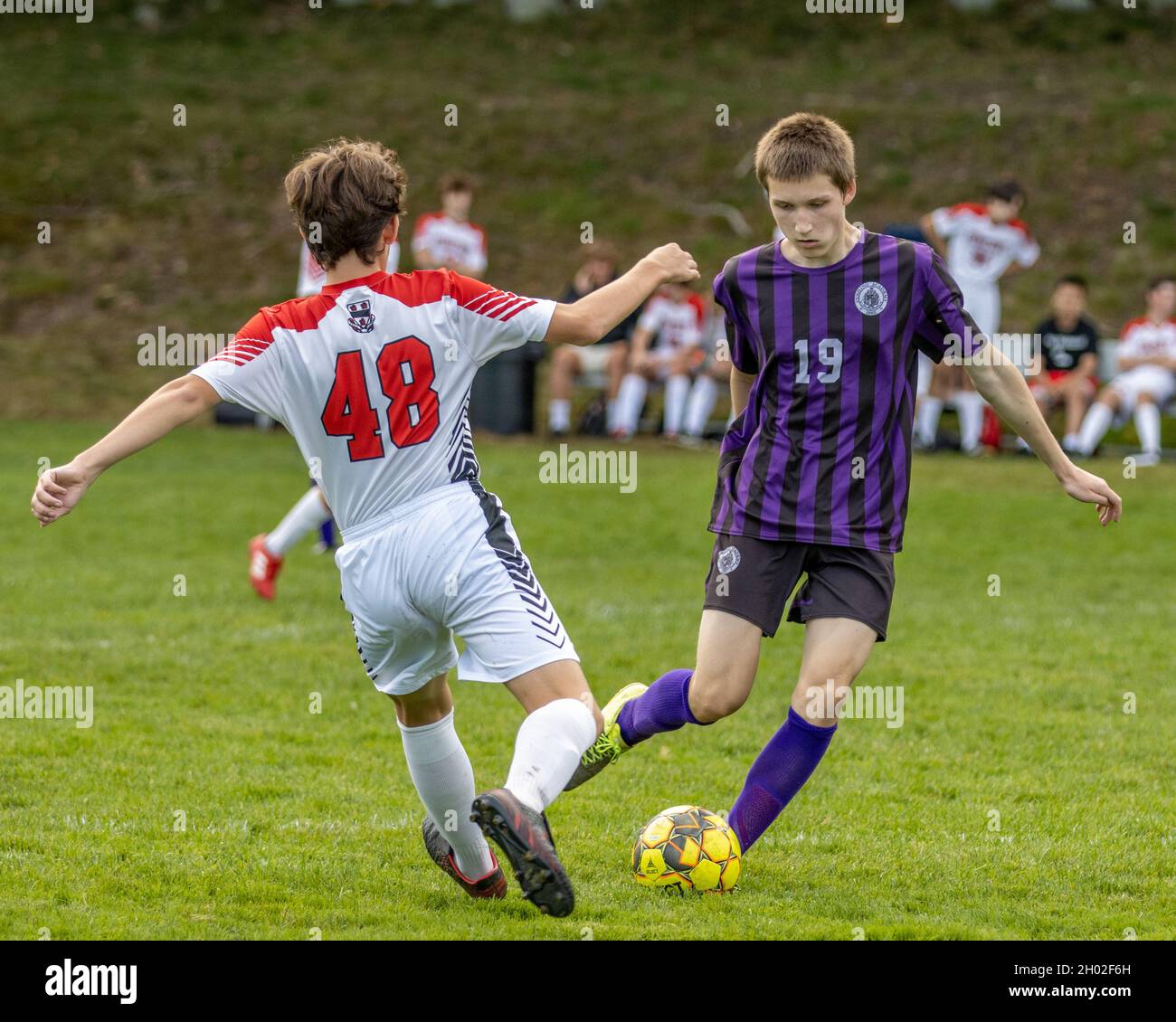 Jeu de football de l'école secondaire pour garçons joué au Massachusetts Banque D'Images